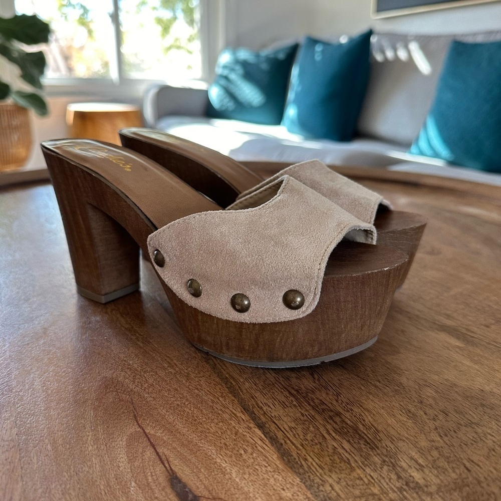 Candie's Womens Wooden Chunky Heel Slide Open Toe Platform Slip On Tan Size 6.5
